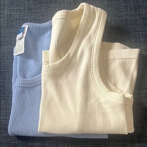 Old Navy Cream and Blue Ribbed Tank Tops